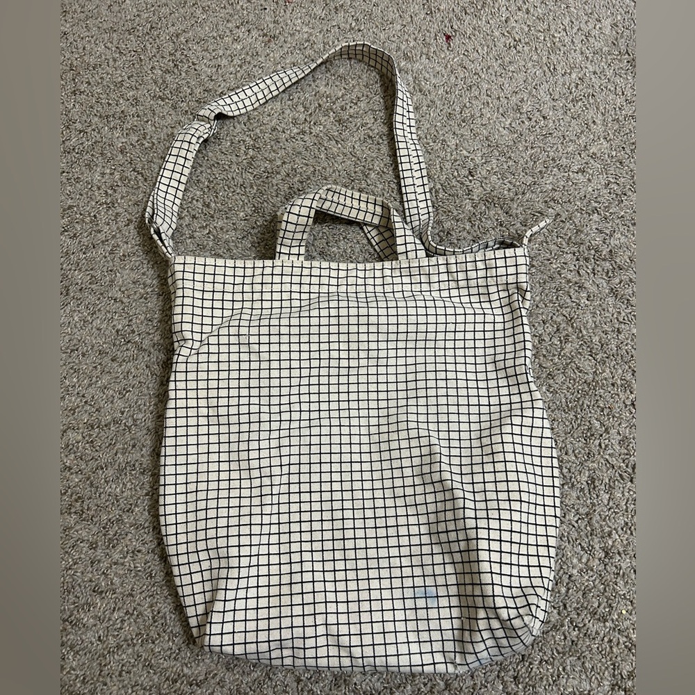 BAGGU Horizontal Duck Canvas Grid Tote Bag m Crossbody Strap Natural Cream/Black